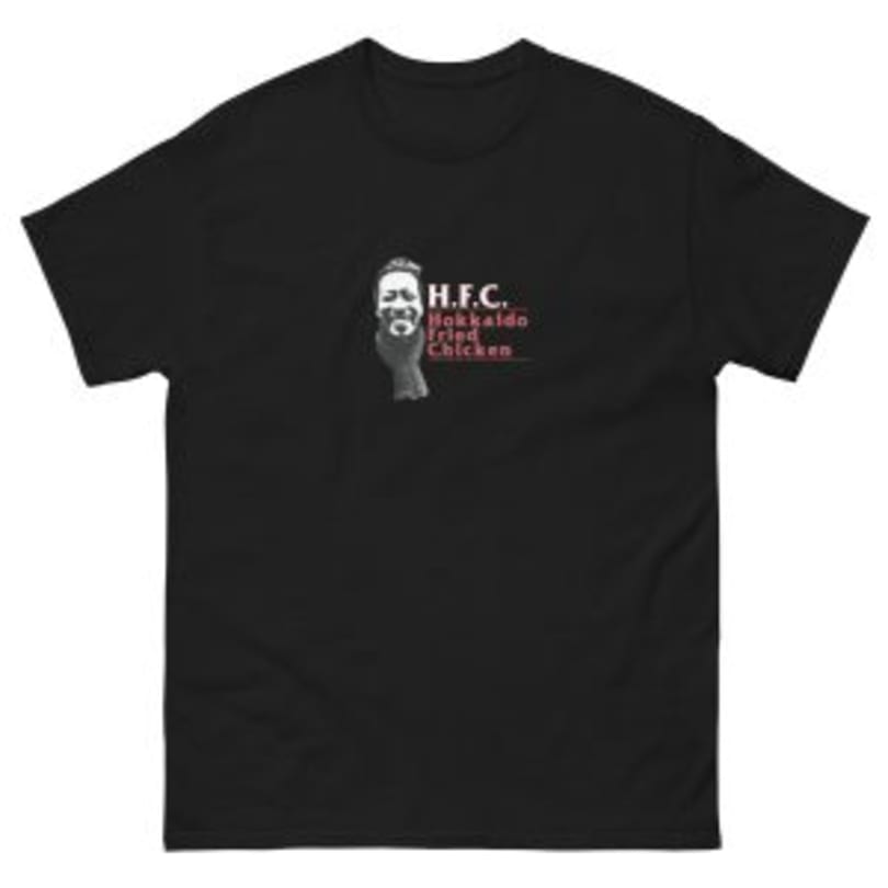 Black t-shirt with a white graphic of a bearded man and "H.F.C. Hokkaido Fried Chicken" text.