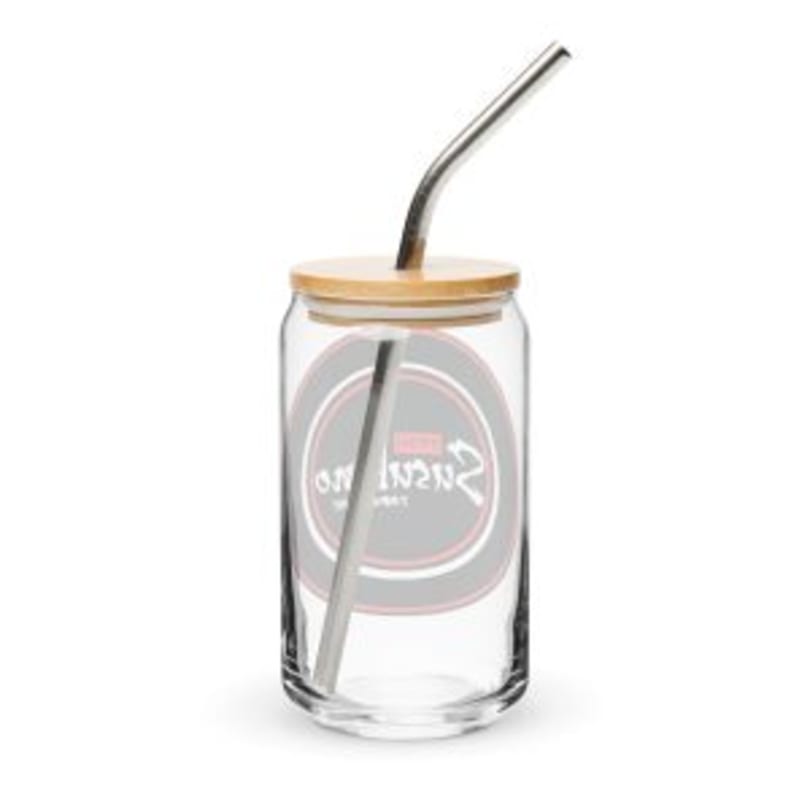 Susukino Ramen Bar branded glass cup with a bamboo lid and a metal straw.