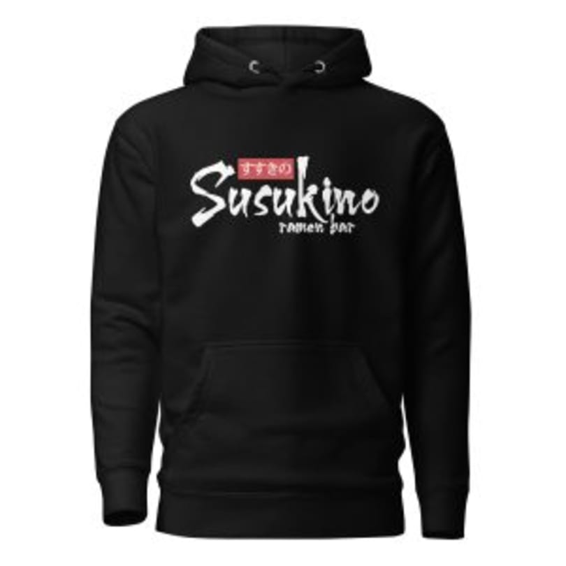 Black Susukino Ramen Bar hoodie with white logo and red Japanese characters.