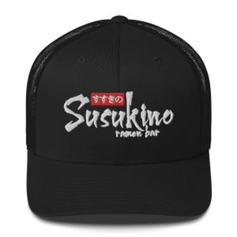 Black trucker hat with "Susukino ramen bar" logo embroidered in white and red.