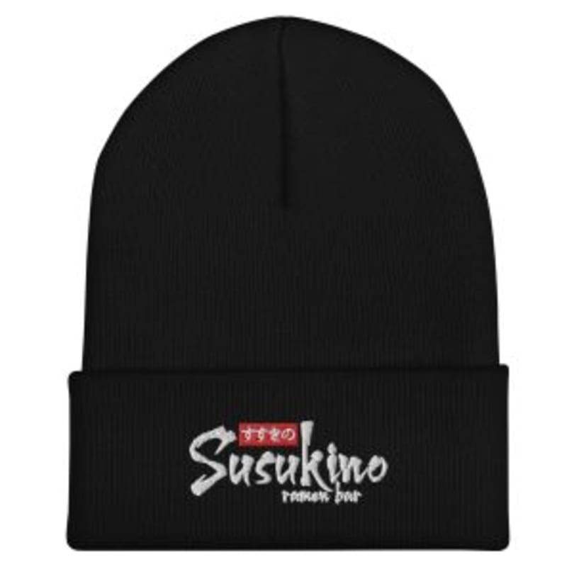 Black beanie with "Susukino Ramen Bar" logo embroidered in white and red.