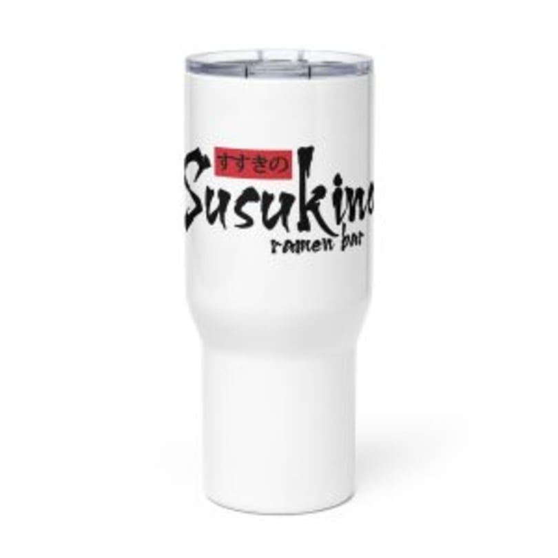 White Susukino Ramen Bar tumbler with black and red logo on a white background.