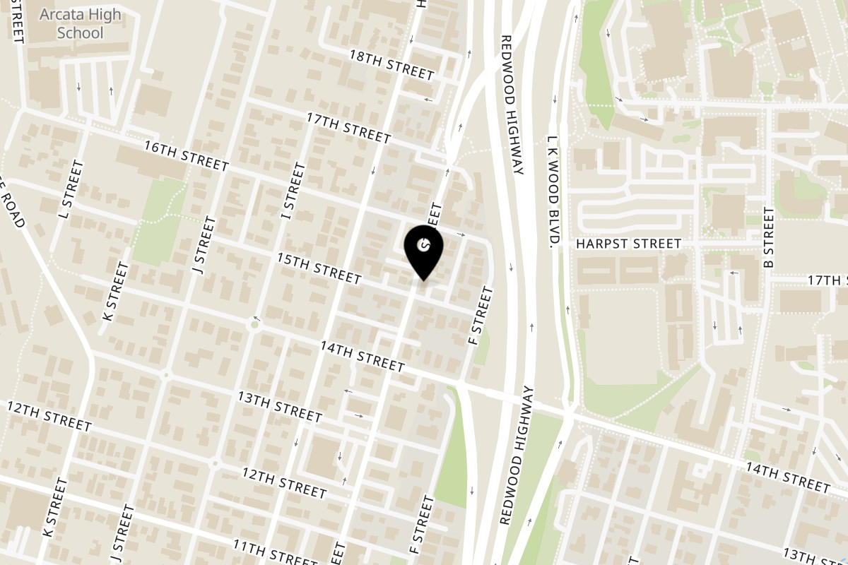 Map showing the location of Susukino Ramen Bar on 1504 G St in Arcata